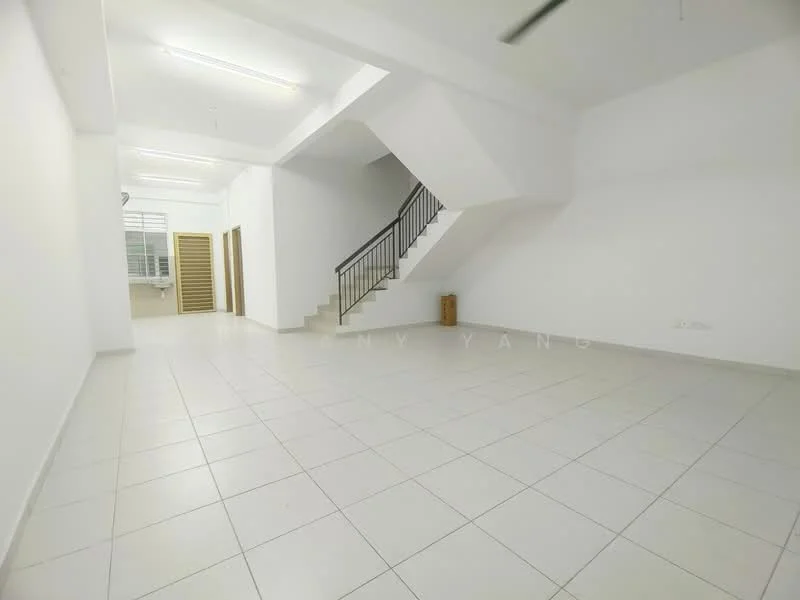 Room features: white painted walls, tile flooring, staircase with metal railing, ceiling lights, large windows, open layout, neutral color scheme, no visible furniture; style: minimalist.