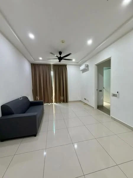 Living features: grey fabric sofa, white painted walls, glossy tile flooring, 5-blade ceiling fan, recessed downlights, curtains in brown, wall-mounted split AC, doorway leading to another room; style: modern.