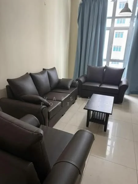 Living features: 3-seater leather sofa in dark brown, 2-seater leather sofa in dark brown, coffee table with slatted design, floor-to-ceiling windows, light blue curtains, cream painted walls, glossy tile flooring, ceiling light fixture; style: modern.