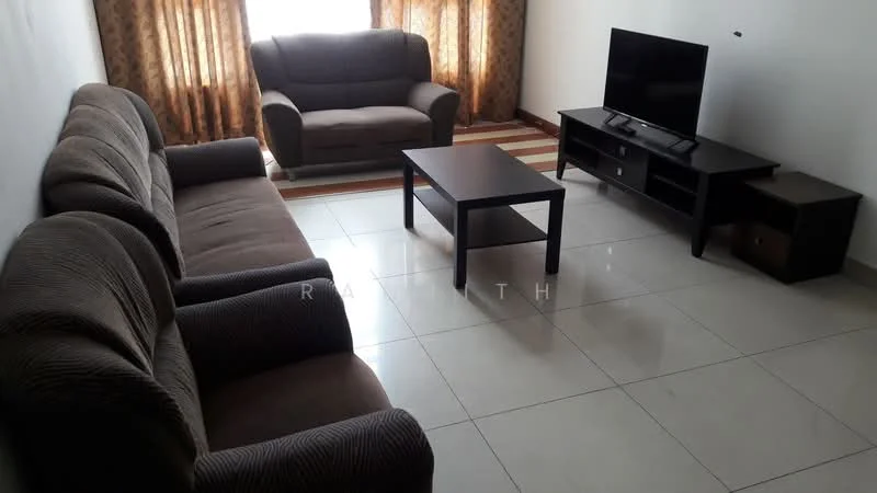 Living features: 3-seater fabric sofa in brown, 2-seater fabric sofa in brown, coffee table in black, TV console in black, wall-mounted TV, tile flooring, light brown curtains, striped area rug, white painted walls, ceiling with no visible fixtures; style: modern.