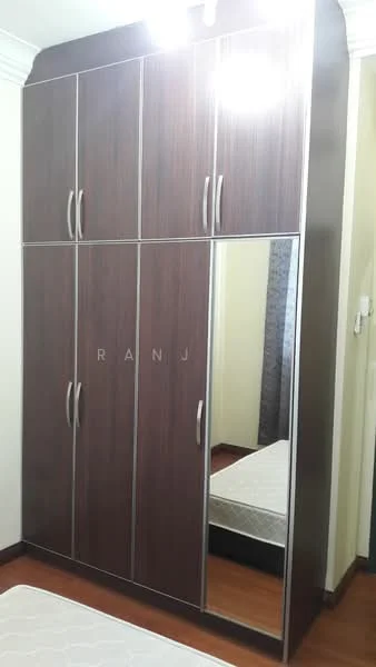 Bedroom features: built-in wardrobe with mirrored door, dark wood finish, six cabinet doors, wooden flooring, ceiling light fixture; style: modern.