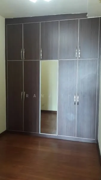 Room features: built-in wardrobe with mirrored door, dark wood finish, multiple cabinet doors, wooden flooring, neutral wall color, ceiling lights; style: modern.