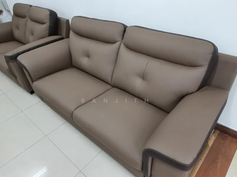 Living features: 3-seater fabric sofa in beige, 2-seater fabric sofa in beige, square coffee table, tile flooring, white painted walls, wooden baseboards, natural light from windows; style: modern.