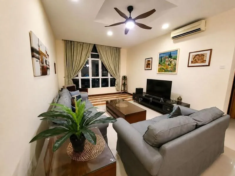 Living features: 2-seater fabric sofa in grey, 3-seater fabric sofa in grey, wood coffee table, wall-mounted TV, TV console, area rug, ceiling fan with light, recessed downlights, floor-to-ceiling windows, curtains, decorative artwork on walls, plant in ceramic pot, cream painted walls, polished tile flooring; style: modern.