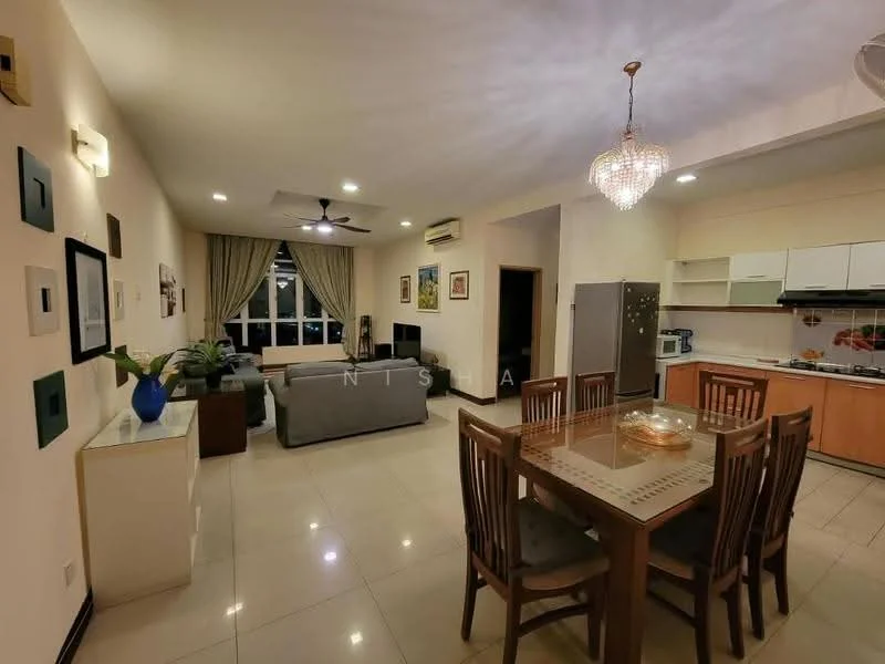 Living features: 3-blade ceiling fan with light, chandelier, cream painted walls, white tiled flooring, floor-to-ceiling windows with sheer curtains, grey fabric sofa, wooden coffee table, TV console, wall-mounted TV, decorative wall art, indoor plants in ceramic pots, dining table with 6 upholstered chairs, kitchen area with wooden cabinetry, stainless-steel fridge, built-in microwave; style: modern.