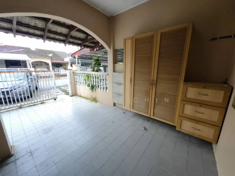 Room features: tiled flooring, cream painted walls, wooden storage cabinet with drawers, wooden wardrobe with louvered doors, open space, covered roof, exposed beams, outdoor access, fenced area.