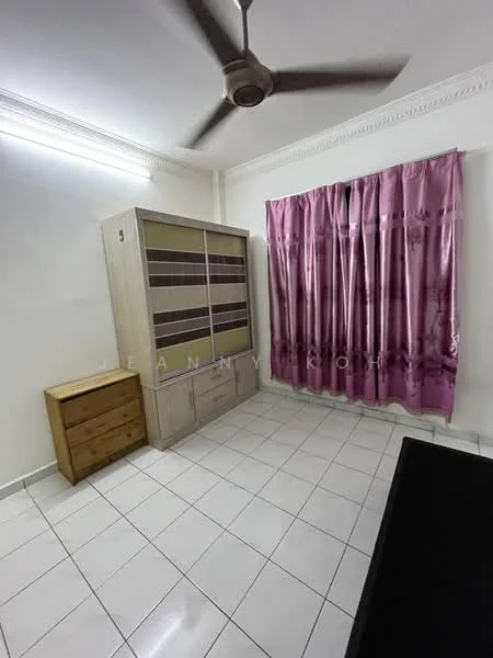 Bedroom features: white painted walls, white ceiling, tile flooring, ceiling fan, curtains in pink, built-in wardrobe with sliding doors, wooden chest of drawers, black table.