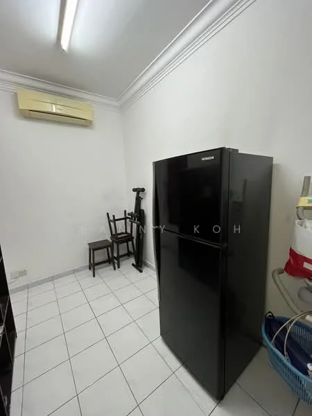 Room features: black fridge, white tiled flooring, white painted walls, 1 wall-mounted split AC, 1 wooden chair, 1 exercise machine, shelving unit, plastic laundry basket.