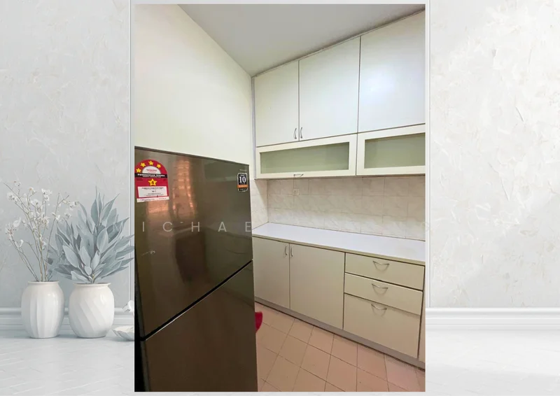 Kitchen features: white cabinetry, stainless-steel fridge, white countertop, tile backsplash, drawer storage, upper cabinets with glass panels, built-in cabinets, cream tiled flooring; style: modern.