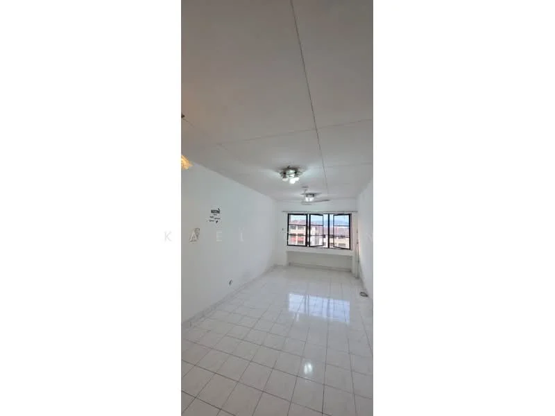 Room features: white painted walls, white ceiling, ceiling fan, tile flooring, large window, natural light, baseboards.