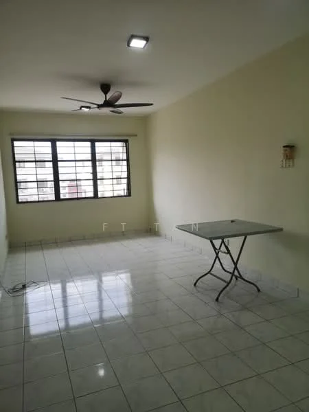 Room features: white painted walls, glossy ceramic tile flooring, ceiling fan, large windows, folding table, neutral color scheme, no visible decor, no visible appliances; style: minimalist; view: city.