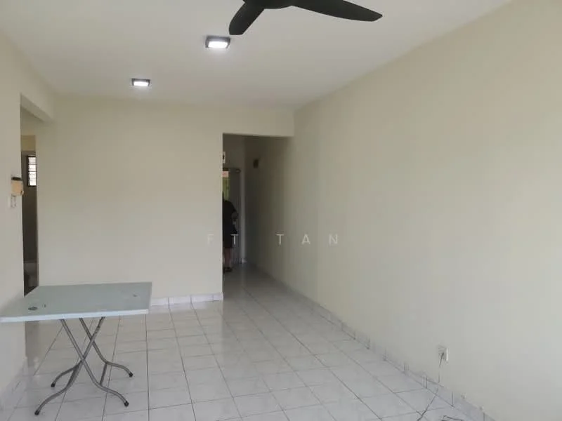 Room features: white painted walls, tile flooring, ceiling with recessed downlights, 1 ceiling fan, window with no visible treatment, open space layout, light-colored trim, corner entryway; style: modern.