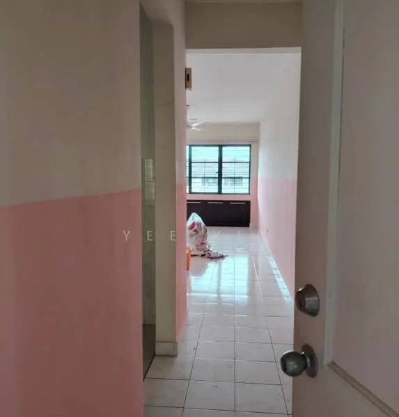 Room features: pink painted walls, white painted walls, ceramic tile flooring, large window with grid pattern, ceiling fan, light source from window, open space layout, clean and tidy appearance.