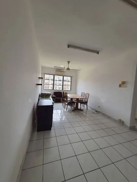 Living features: white painted walls, ceramic tile flooring, 5-blade ceiling fan, dining table with chairs, sofa, window with grid pattern, shelving unit, light fixture, neutral decor.