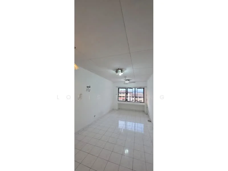 Room features: white painted walls, white ceiling, ceiling fan, tile flooring, large window, natural light, baseboards, light fixture.