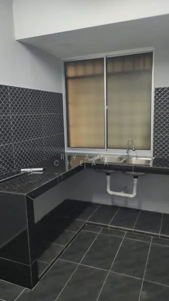 Kitchen features: black granite countertop, black tiled backsplash, single-bowl stainless-steel sink, chrome faucet, floor-to-ceiling window, grey painted walls, black tile flooring, under-sink plumbing; style: modern.