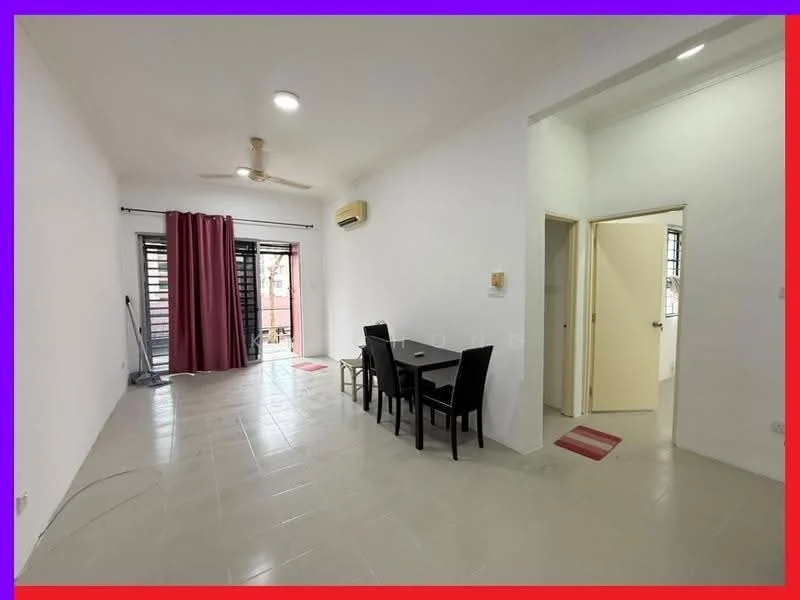 Living features: white painted walls, tile flooring, 5-blade ceiling fan with light, dining table for four, black upholstered dining chairs, large windows with black metal grilles, curtains in dark red, air conditioning unit on wall, doorway leading to another room, doorway leading to hallway; style: modern.