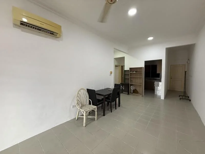 Living features: white painted walls, tile flooring, ceiling fan, 1 wall-mounted split AC, dining table with 4 chairs, open layout, built-in shelving unit, doorway leading to kitchen, light fixtures in ceiling; style: modern.
