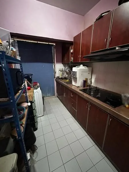 Kitchen features: dark wood cabinetry, black countertop, stainless-steel sink, built-in stove, exhaust hood, white tiled backsplash, grey tiled flooring, window with blinds, open shelving, appliances including microwave and washing machine.