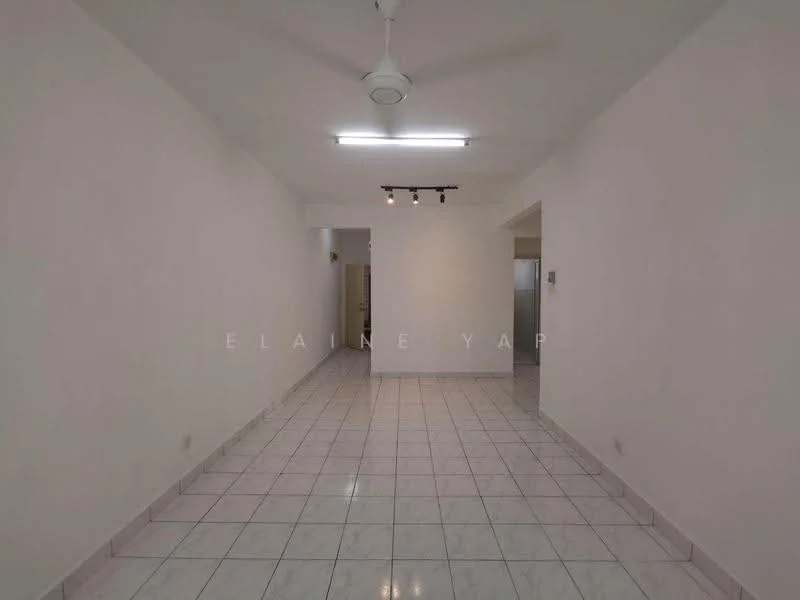 Room features: white painted walls, glossy ceramic tile flooring, ceiling with recessed lighting, ceiling fan, track lighting, open layout, neutral color scheme; style: modern.