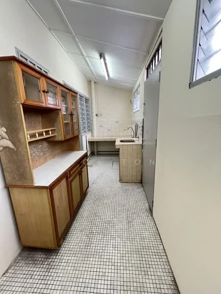 Laundry features: wood cabinetry with glass-front upper cabinets, white countertop, sink with faucet, tiled backsplash, mosaic tile flooring, window for natural light, fluorescent ceiling light, space for washing machine.