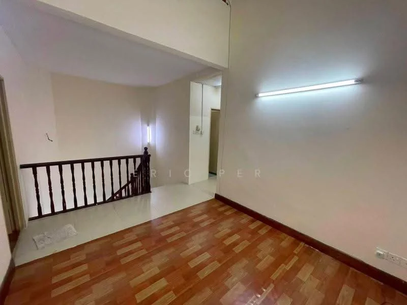 Room features: wooden flooring, white painted walls, staircase with wooden railing, ceiling lights, corner wall with light, open space layout; style: modern.