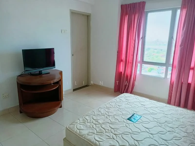 Bedroom features: single bed mattress, wooden bedside table, TV on stand, pink curtains, window with city view, cream painted walls, tiled flooring, door to hallway; view: city.