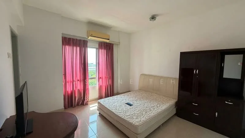 Bedroom features: queen-size bed, upholstered headboard, wooden wardrobe with mirror, TV console, floor-to-ceiling window, curtains, wall-mounted air conditioning unit, tile flooring, light fixture on ceiling; style: modern; view: city.
