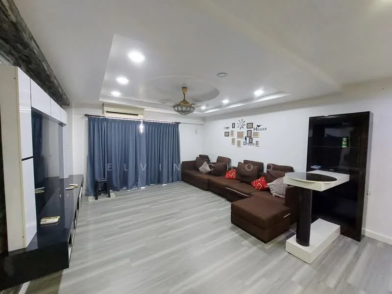 Living features: L-shape sectional sofa in brown, coffee table, TV console, wall-mounted TV, recessed downlights, chandelier, grey laminate flooring, curtains in blue, decorative wall art, built-in shelving unit, feature ceiling with circular design; style: modern.