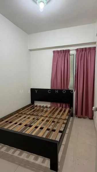 Bedroom features: white painted walls, tile flooring, black wooden bed frame with slats, curtains in dark pink, window with sheer treatment, ceiling light fixture.