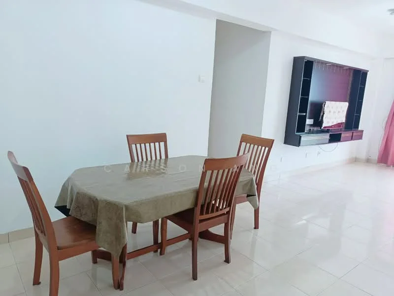 Dining features: 4-seater dining table, wooden dining chairs, beige tablecloth, white painted walls, glossy tile flooring, wall-mounted TV unit, decorative wall panel, curtains, natural light from window; style: modern.