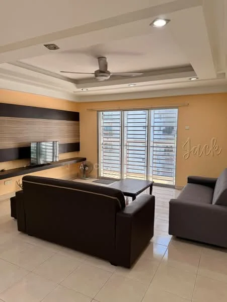 Living features: 2-seater fabric sofa in grey, 3-seater leather sofa in brown, coffee table, wall-mounted TV, TV console, recessed downlights, ceiling fan, cream painted walls, white tiled flooring, floor-to-ceiling windows with horizontal slats, decorative wall paneling; style: modern.