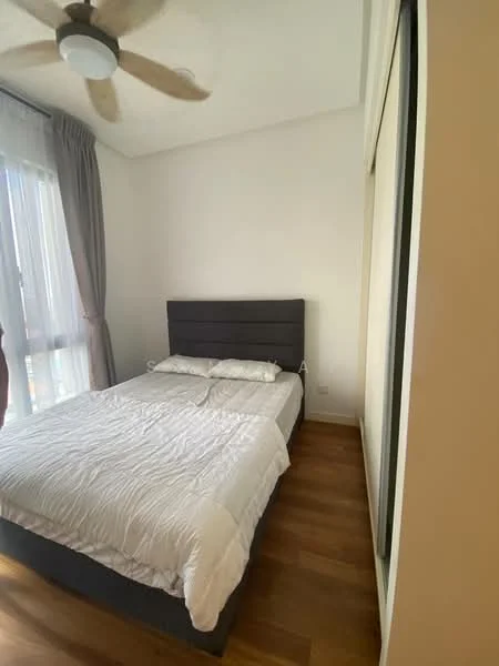 Bedroom features: king-size bed, upholstered headboard, white bedding, wood flooring, floor-to-ceiling windows, grey curtains, ceiling fan, built-in wardrobe; style: modern.