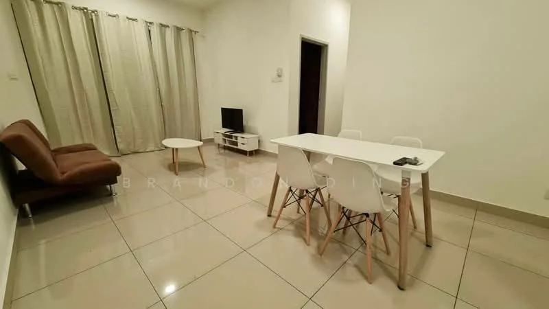 Living features: brown fabric sofa, white round coffee table, white dining table, 4 white dining chairs with wooden legs, flat-screen TV on white TV console, cream curtains, glossy beige floor tiles, white painted walls, recessed ceiling lights; style: modern.