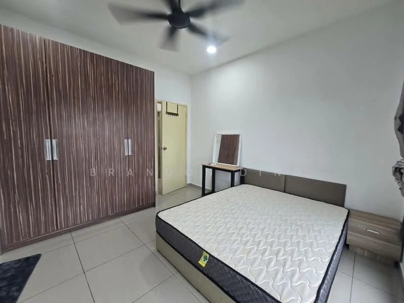 Bedroom features: queen-size bed base, mattress, wooden wardrobe with sliding doors, mirror on dresser, tile flooring, ceiling fan, white painted walls, door to hallway; style: modern.