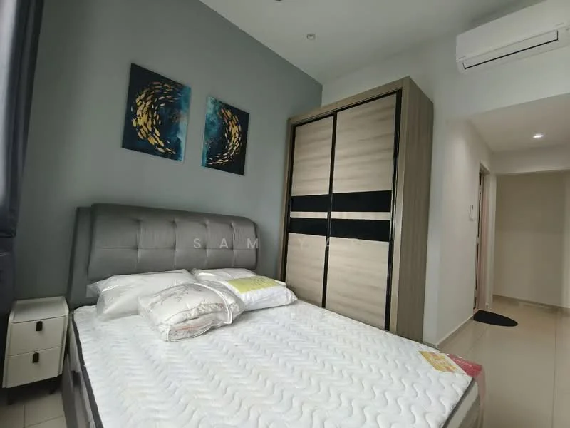 Bedroom features: queen-size bed, upholstered headboard, bedding with pillows, built-in wardrobe with sliding doors, grey painted walls, cream tile flooring, wall-mounted air conditioning unit, framed artwork on walls, nightstand with drawer, soft lighting, doorway leading to hallway; style: modern.