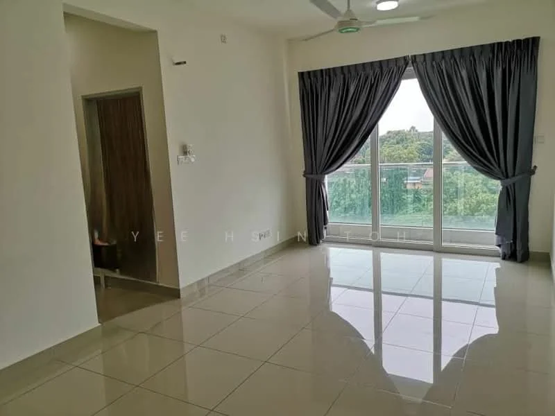 Living features: large floor-to-ceiling sliding glass door, grey curtains, white painted walls, glossy ceramic tile flooring, 5-blade ceiling fan with light, balcony view, recessed lighting, open layout; style: modern; view: garden. Room features: doorway leading to another room, white painted walls, glossy ceramic tile flooring.