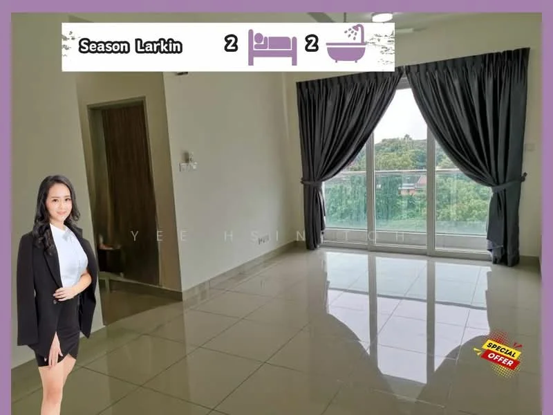 Living features: large floor-to-ceiling windows, grey curtains, white painted walls, glossy tile flooring, ceiling fan, recessed downlights, balcony access, view of greenery; style: modern; view: garden.