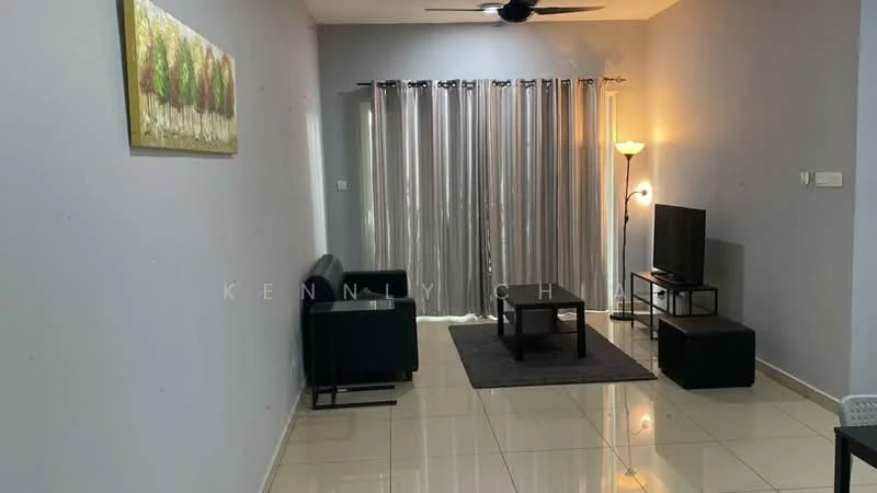 Living features: grey painted walls, glossy tile flooring, 5-blade ceiling fan with light, floor-to-ceiling curtains, black coffee table, black TV console, wall-mounted TV, 2-seater fabric sofa in black, standing floor lamp, decorative artwork on wall; style: modern.