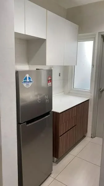 Kitchen features: stainless-steel fridge, white upper cabinets, wooden lower cabinets, white countertop, single-bowl stainless-steel sink, window above sink, tile flooring, neutral wall color; style: modern.