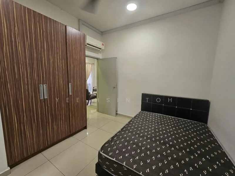 Bedroom features: queen-size bed with black upholstered headboard, built-in wardrobe with wood finish, cream painted walls, glossy tile flooring, ceiling fan, window with sheer curtains, door leading to another room, recessed ceiling lights; style: modern.