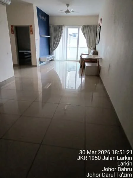 Living features: white painted walls, cream tiled flooring, 5-blade ceiling fan, floor-to-ceiling windows, curtains, sofa, coffee table, TV console, wall-mounted TV, decorative wall art; style: modern.