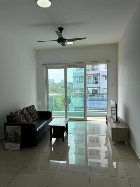 Living features: 3-seater black leather sofa, coffee table, wall-mounted TV, floor-to-ceiling windows, sliding glass door, white painted walls, glossy tile flooring, ceiling fan with light, decorative cushions; style: modern; view: city.