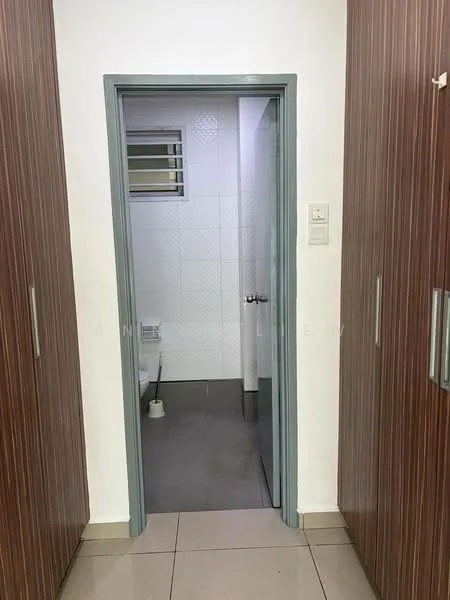Room features: white tiled walls, grey tiled flooring, wooden cabinetry, door frame with grey finish, window with metal grille, light switch, door handle, neutral wall color; style: modern.