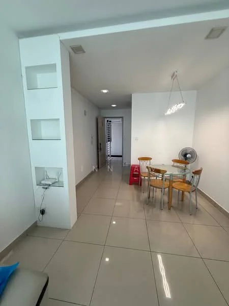 Dining features: round dining table, 4 wooden dining chairs, ceiling light fixture, wall-mounted fan, white painted walls, glossy tile flooring, open layout, built-in shelving unit; style: modern. Room features: grey sofa, neutral decor, natural light from doorway.