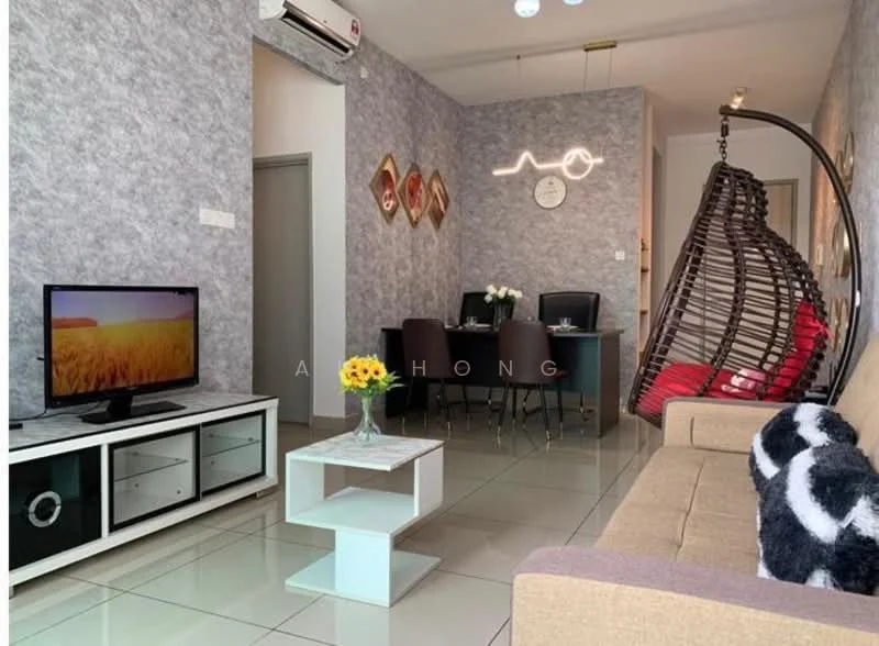 Living features: grey textured wallpaper, white painted walls, glossy tile flooring, 3-seater beige fabric sofa, hanging rattan chair, white coffee table, TV console with glass doors, wall-mounted TV, decorative wall art, LED ceiling lights, air conditioning unit, red accent cushions; style: modern. Dining features: dining table for 4, black leather dining chairs, wall-mounted clock, decorative wall art; style: modern.