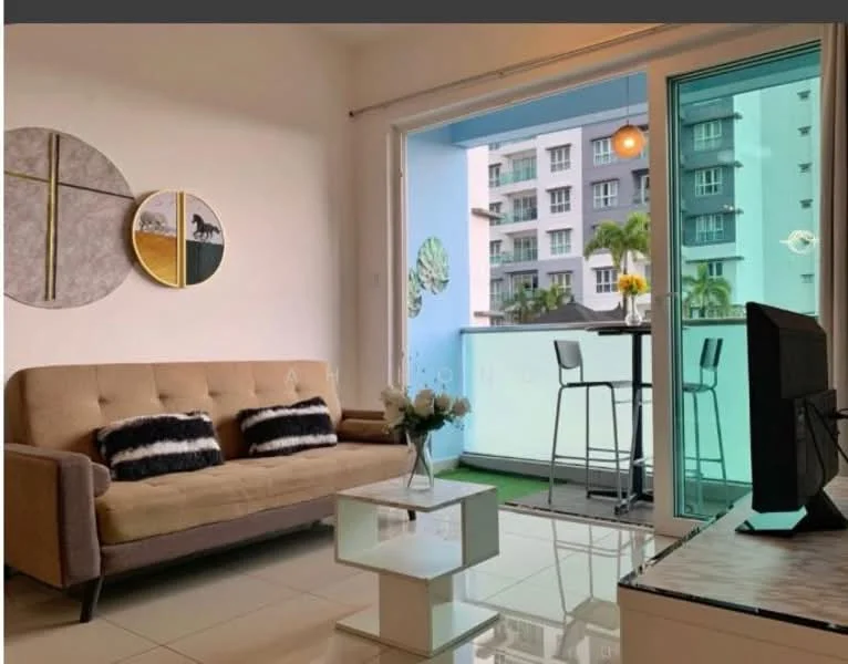 Living features: fabric 3-seater sofa in beige, decorative cushions in black and white, glass coffee table, wall-mounted TV, framed artwork on walls, floor-to-ceiling sliding glass door, green view from balcony, white painted walls, glossy tile flooring, recessed lighting, small dining table with stools; style: modern; view: garden.