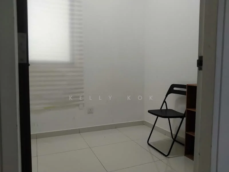 Room features: white painted walls, tile flooring, window with blinds, single black chair, wooden shelving unit.