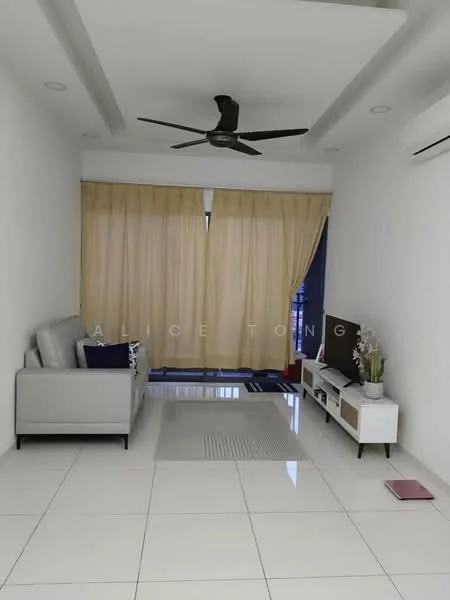 Living features: white painted walls, white ceiling with recessed lighting, 5-blade ceiling fan with light, large floor-to-ceiling windows, sheer curtains, white tiled flooring, grey fabric 2-seater sofa, TV console with storage, wall-mounted TV, decorative plant, area rug, blue accent pillows; style: modern.