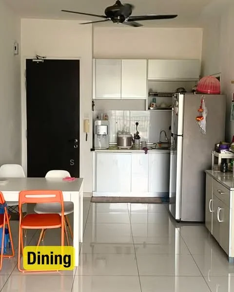 Dining features: white dining table, 4 white chairs, black door, grey kitchen cabinetry, stainless-steel fridge, stainless-steel sink, chrome faucet, microwave, kitchen countertop, wall-mounted shelves, ceiling fan, white tiled flooring; style: modern.